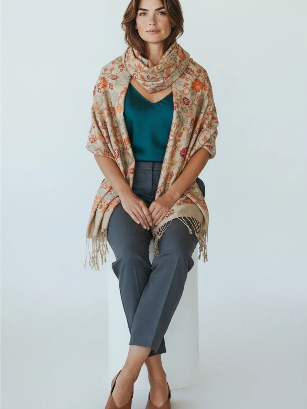 Beige Floral-Embroidered Women's Scarf with Red & Orange Accents‎
